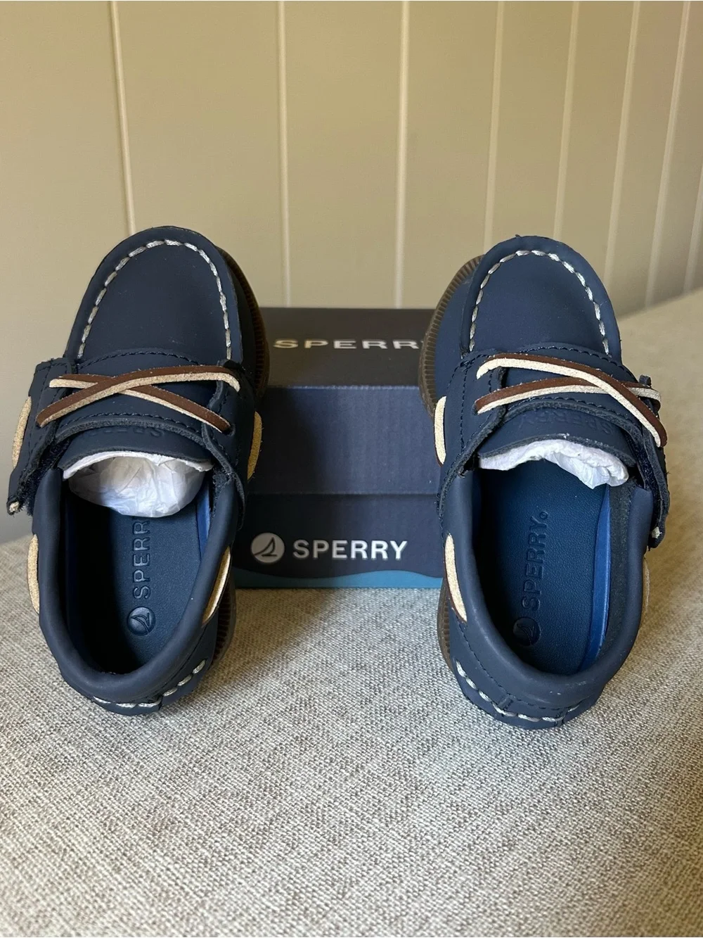New In Box Sperry Original Boat Shoe Blue Lace Up Velcro Preppy Toddler Loafers